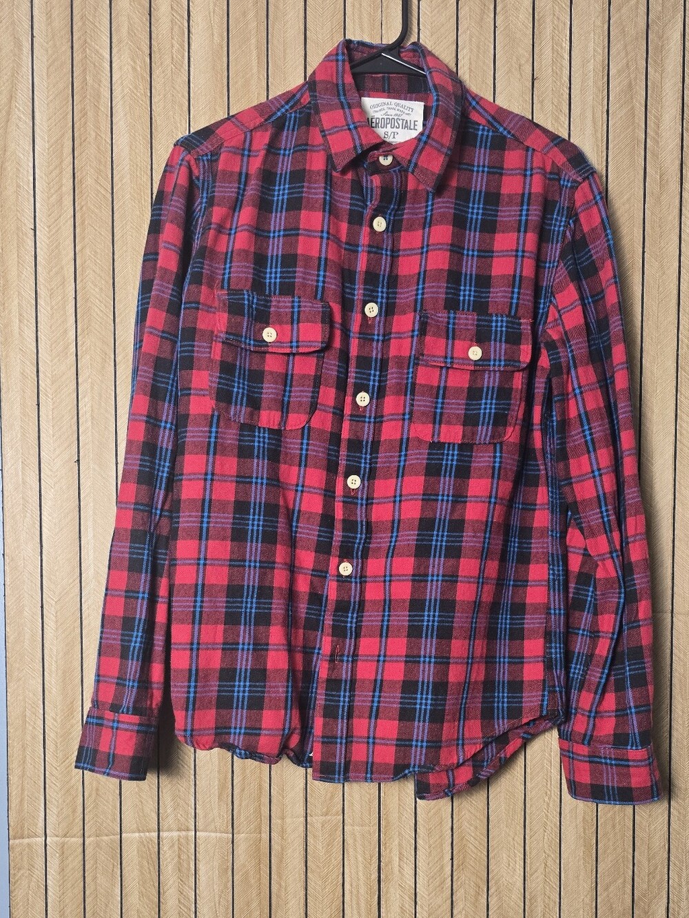 Aeropostale Red Black Plaid Button-Down Shirt with Blue Accents